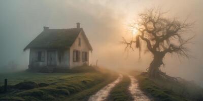 Fog envelops a lonely house and bare tree along a winding path in early morning photo