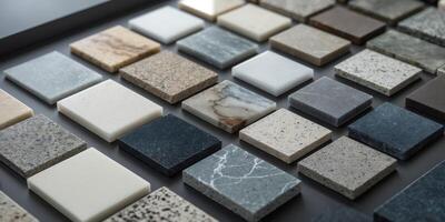 Close up samples of artificial stone for modern interior design in kitchens or bathrooms. photo