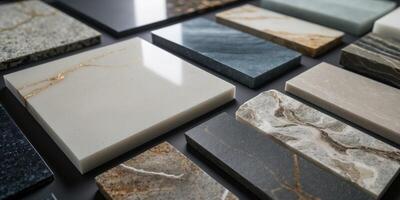 Close up samples of artificial stone for modern interior design in kitchens or bathrooms photo