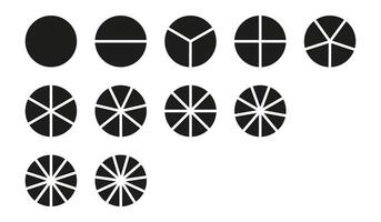 Circle division on equal parts from 1 to 11. Infographic minimalist set. Coaching blank. Pie, pizza chart templates. Wheel round divided diagrams with segments. vector