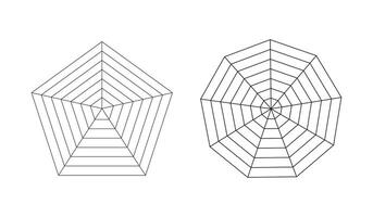 Pentagon, enneagon radars, spider diagram templates. Spider mesh layout. Polygon graphs mockup. Diagrams for statistic, analytic. Blank radar charts. Coaching tool. Grid with segments. vector