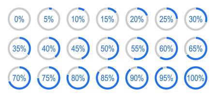 Percentage infographics. Round diagrams icons from 0 to 100 percent. Grey, blue color fill divided pie charts indicator. Circle graph loading progress layout. vector