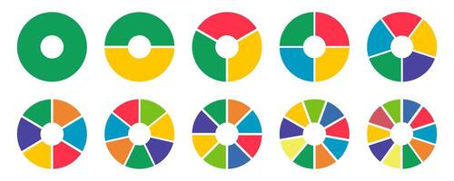 Donut charts, pies segmented on equal parts from 1 to 10. Diagram infographic multicoloured set. Circle section graph. Wheels divided in sections. Pizza chart round icons mockup. Loading bar layout. vector