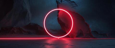 Illuminated red neon circle on textured dark background photo