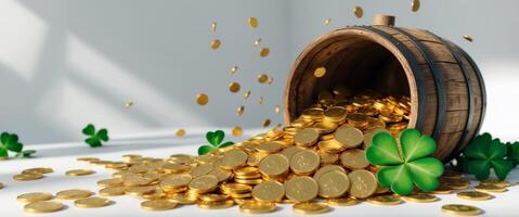 Gold coins spilling from wooden barrel with shamrocks photo