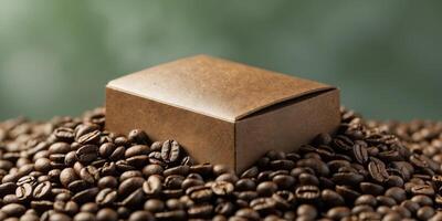 Brown box mockup on a pile of coffee beans with a blurred green background photo