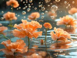 Delicate and elegant orange flowers gracefully floating in water while being surrounded by bubbles. photo