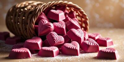 Delicious Pink Ruby Chocolate Pieces Heart Shapes Chunks Close Up Texture. photo
