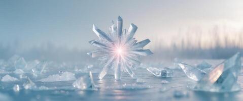 Ice crafted magical artifact glows amidst shards of ice in a frigid landscape photo