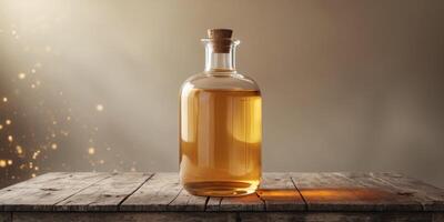A clear glass bottle filled with amber liquid standing on a wooden table with blurred background photo