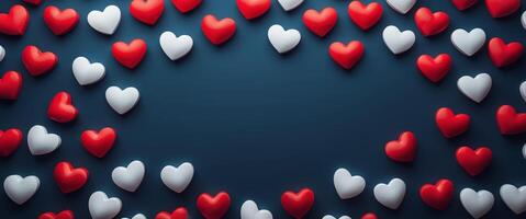 Valentine's Day background with red and white hearts creating a border on dark blue background with copy space. photo