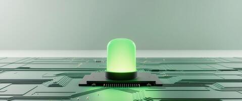 Green LED Indicator Light on Circuit Board with Copy Space for Text in Electronic Device Technology Background photo