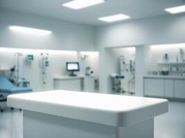 Empty blank white table top counter with blurred hospital clinic medical interior background for product display mockup photo