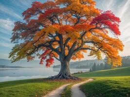 A Beautiful Autumn Tree Set in a Serene and Calm Landscape Offering Idyllic Views. photo