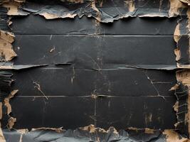 old black empty ripped folded torn cardboard paper poster grunge scratched old shabby surface distressed overlay texture for collage. photo