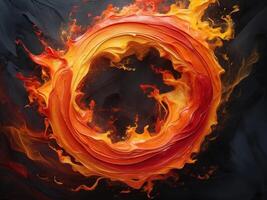 Fiery circular rings of intense orange and red flames creating an energetic and dynamic abstract background The flames are bursting with power and combustion. photo