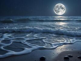 The ocean waves gently crashing on the shore under the glow of moonlight photo