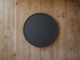 Close up circle black blank empty mockup of street store template signboard on empty wood wall. photo