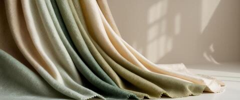 Luxurious Organic Wool Fabric Swatches in Gradient Natural Colors on Bright Neutral Background. photo