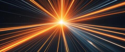 Bright streaks of orange and yellow light traveling at high speed through space towards a bright light source photo