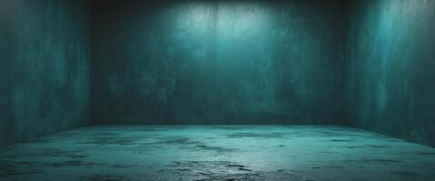 Teal textured grunge wall background and matching floor creating a moody and dramatic atmosphere in an empty room. photo