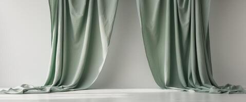 Green linen fabric backdrop with smooth draping for showcasing products or text in a versatile presentation setting. photo