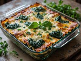 Baked spinach and cheese lasagna with fresh herbs in glass dish. photo