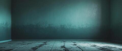 Teal textured grunge wall background and matching floor creating a moody and dramatic atmosphere in an empty room photo