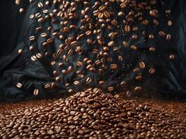 Coffee beans falling into the ground that is dark brown with a black background photo