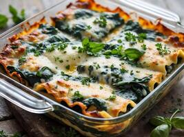 Baked spinach and cheese lasagna with fresh herbs in glass dish photo