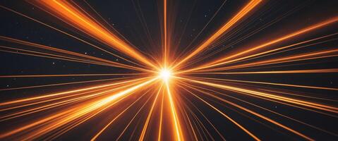 Bright streaks of orange and yellow light traveling at high speed through space towards a bright light source. photo