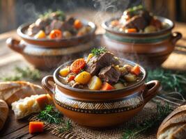 Delicious and flavorful meat stew served in traditional clay pots ready for serving. photo