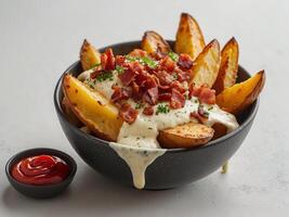 A bowl of potato wedges with bacon and cheese sauce. photo