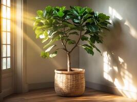 A tall fiddle leaf fig tree in a woven basket planter styled in a sunlit corner with neutral tones and wooden flooring for an elegant aesthetic. photo