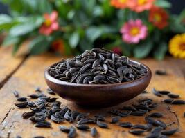 Black cumin seeds in wooden bowl on wooden table with green leaves and flowers in background Copy Space photo