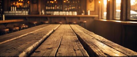 Rustic wooden table in cozy bar setting with warm lighting and inviting atmosphere. photo