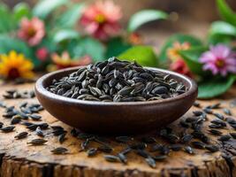 Black cumin seeds in wooden bowl on wooden table with green leaves and flowers in background Copy Space. photo