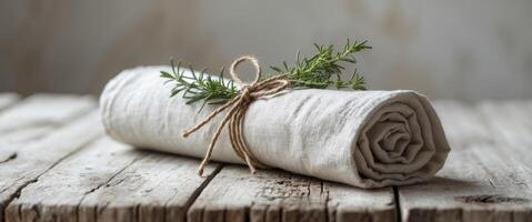 Elegant rolled linen napkin decorated with twine and fresh herbs on rustic wooden table setting. photo