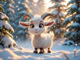 An adorable and cute cartoon goat situated in an enchanting snowy winter landscape scene. photo