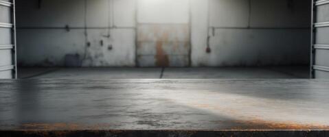 Blank rough metal workshop and desk table surface on blurred garage background with copy space photo