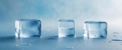 Clear ice cubes with melting texture in refreshing cool blue background for freshness concept photo