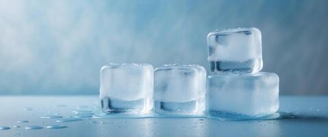 Clear ice cubes with melting texture in refreshing cool blue background for freshness concept. photo