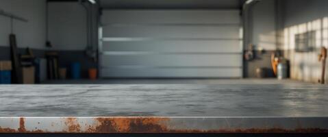 Blank rough metal workshop and desk table surface on blurred garage background with copy space. photo