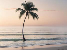 A serene beach scene with a palm tree and ocean waves photo