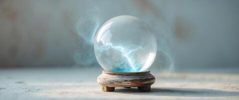 Crystal ball on a rustic stand with glowing blue energy inside photo