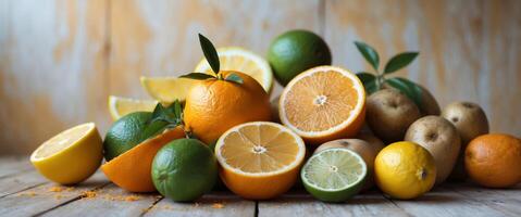 Fresh Citrus Fruits and Potatoes on Wooden Background Healthy Food Concept photo