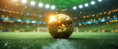 Close up of a golden football on a field with stadium lights and cheering crowd celebrating a soccer championship event. photo