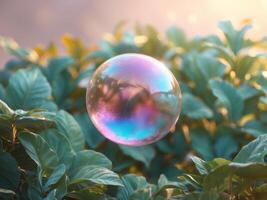 A Delicate and Beautiful Soap Bubble Floating Over Lush Green Leaves in Natures Embrace photo