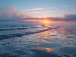 Calm ocean reflecting setting sun through mist at dusk. photo