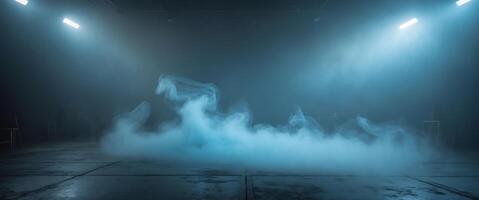 Mysterious blue mist envelops an empty stage in a dimly lit atmosphere creating an eerie ambiance photo